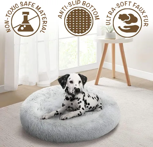 Vista 4 de Friends Forever Cama para perro en forma de dona, de piel sintética, mullida, relajante, para perros pequeños, suave y afelpada, antiansiedad, sofá