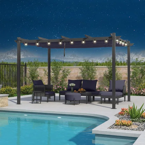 Vista 33 de PURPLE LEAF Pergola retráctil de 10 x 10 pies, pérgola blanca, toldo extra, azul marino