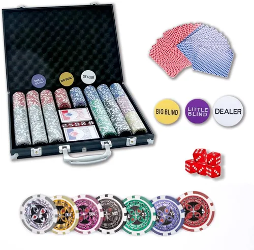 Vista 4 de THUNDERBAY Juego de 500 fichas de póquer compuesto de arcilla con estuche de aluminio, dos barajas de cartas, distribuidor y botón ciego y 5 dados