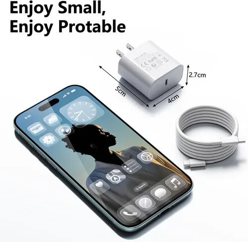 Vista 4 de Paquete de 3 cargadores tipo C con cable de 1.8 m de carga rápida para iPhone 17/16/15, bloques de carga USB C de 25 W súper rápidos para Samsung