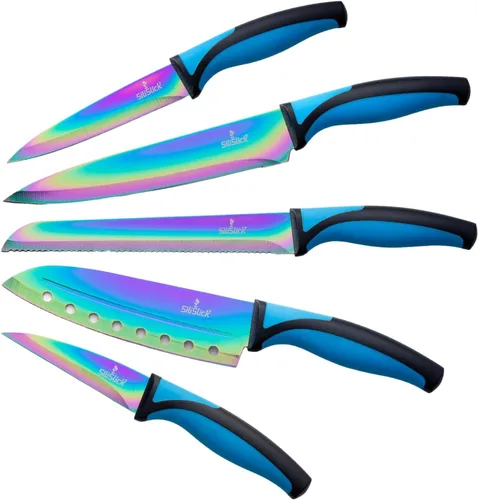 Vista 10 de SiliSlick Rainbow - Juego de cuchillos de cocina afilados de acero inoxidable con revestimiento de titanio, chef, pan, Santoku, pelar y utilidad