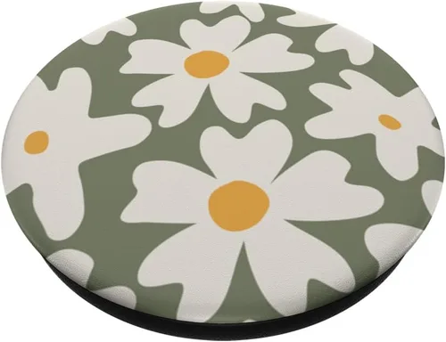 Vista 2 de Modernas hojas de flores de margarita, bohemio, mostaza, amarillo, beige, verde, PopSockets intercambiables PopGrip