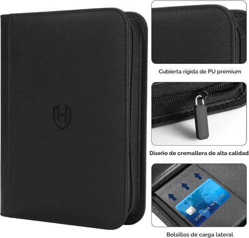 Vista 2 de Carpeta de tarjetas de 4 bolsillos con cremallera, 288 bolsillos para tarjetas comerciales Premium PU Cover, Side Loading, Ringless Card Binder
