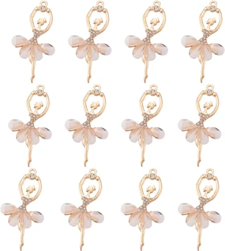 Vista 8 de 20 colgantes de aleación de bailarina, bailarina de ballet, dijes grandes de aleación con falda de pétalos morados y adornos de diamantes