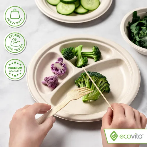 Vista 4 de Ecovita Platos de papel 100 % compostables [9 pulgadas] Compartimentos – 150 platos desechables ecológicos, resistentes, libres de árboles, líquidos