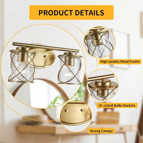Vista 5 de mavcadonf Luces de Tocador de Baño de 2 Luces, Lámparas de Baño sobre el Espejo, Luz de Tocador Dorado Cepillado, Luces de Pared de Estilo Rústico