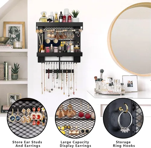 Vista 2 de Pinzoveco Organizador de joyas colgante montado en la pared con soporte organizador de joyas de pared para collares, pulsera, aretes, anillo (negro)