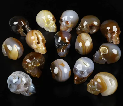 Vista 5 de Skullis 2.0 "ágata geoda cráneo de cristal, escultura de arte fino de piedras preciosas talladas a mano, estatua de piedra curativa de Reiki.1396