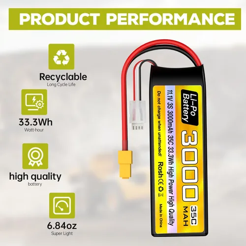 Vista 4 de 3S Lipo Batería 11.1 V 3000 mAh 35C con enchufe XT60 con cable de carga USB para RC Car Truck RC Barco Quadcopter FPV Drone
