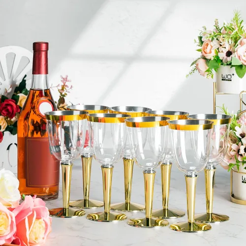 Vista 8 de Paquete de 100 copas de vino de plástico desechables con borde a granel de 8 onzas, elegantes copas de vino con tallo largo, copas de vino Dorado