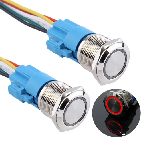 Vista 9 de 2 interruptores de botón de bloqueo de 0.630 in 12V-24V 1NO 1NC impermeable IP66 botón de metal autobloqueante para orificio de montaje de 5/8