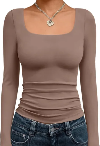 Vista 8 de Trendy Queen - Camisas ombligueras para mujer, manga larga, cuello cuadrado, básicas, para salir, de invierno, Y2K Albaricoque