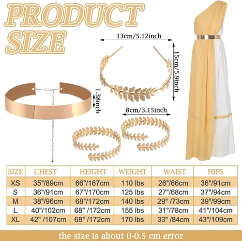 Vista 2 de Haull Disfraz de Toga dorado de 5 piezas para mujer, disfraz de Athena para adultos, trajes griegos con corona griega en la cintura para Halloween