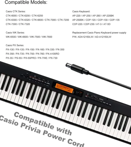 Vista 3 de Adaptador de CA/CC de 12V 2A con certificación UL para reemplazo de cable de alimentación Casio Privia 6 Ft Supply Cord for Privia Keyboard PX-130
