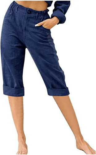 Vista 3 de Bermudas para mujer, hasta la rodilla, de algodón, lino, capri, pantalones capri de cintura alta con bolsillos, ropa de descanso Verde militar