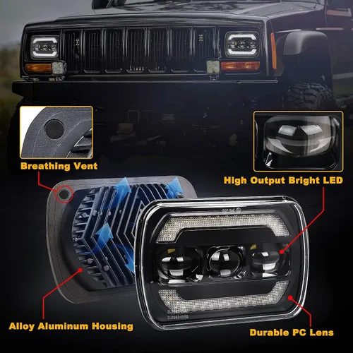 Vista 6 de Faros delanteros 5x7 7x6 H6054 con señal de giro amarilla blanca DRL para Jeep Wrangler YJ Cherokee XJ Ford Chevy GMC Toyota Nissan Pickup Truck