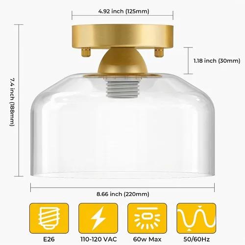 Vista 5 de Lámpara de techo semiempotrada dorada cepillada, pantalla colgante de vidrio transparente, lámpara moderna de granja para pasillo, pasillo, cocina