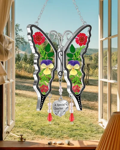 Vista 6 de KY &BOSAM - Atrapa luz de vitral con mariposa de color, con la frase A special teacher. Campanilla para el viento, como regalo para la profesora