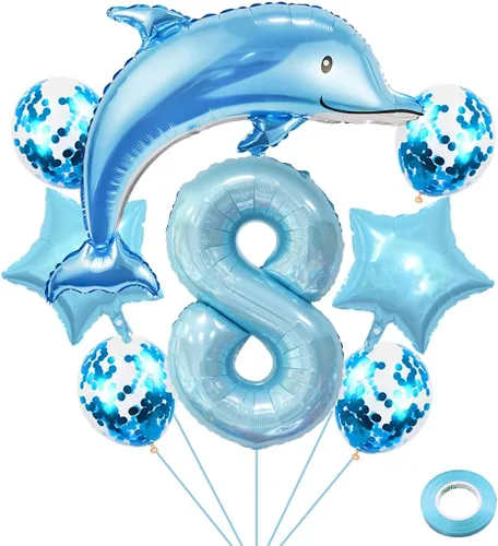 Vista 10 de Globos de cumpleaños de 5º delfín, globo gigante de papel de aluminio de delfín número 5, globos de Mylar de animales del océano para suministros
