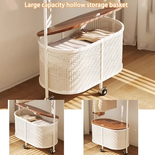 Vista 7 de Perchero giratorio de 360°, perchero de metal para ropa, con ruedas y cesta de almacenamiento de gran capacidad, perchero para colgar ropa