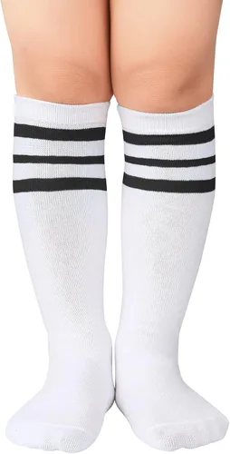Vista 2 de Zando Calcetines de fútbol para niños y niñas, calcetines de tubo a rayas hasta la rodilla, calcetines de uniforme escolar, calcetines largos