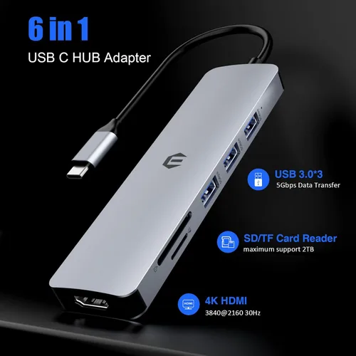 Vista 2 de Hub USB C 6 en 1, concentrador multipuerto Tiergrade con salida HDMI 4K, 3 puertos USB-A con transferencia de datos de 5 Gbps, base USB C