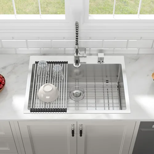 Vista 2 de Fregadero de cocina rectangular hecho a mano de 30 x 22 pulgadas, calibre 16, de calibre 16, para montaje superior, rectangular, hecho a mano