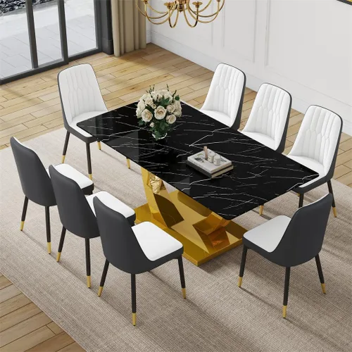 Vista 15 de Juego de mesa de comedor negra para 4, 63 x 35.4 x 30 pulgadas, mesa de comedor moderna rectangular con patas y base de acero inoxidable, sillas
