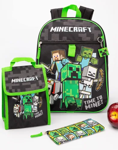 Vista 2 de Minecraft Mochila para niños de 5 piezas Creeper Zombie School Lunch Bag Gamer, Negro
