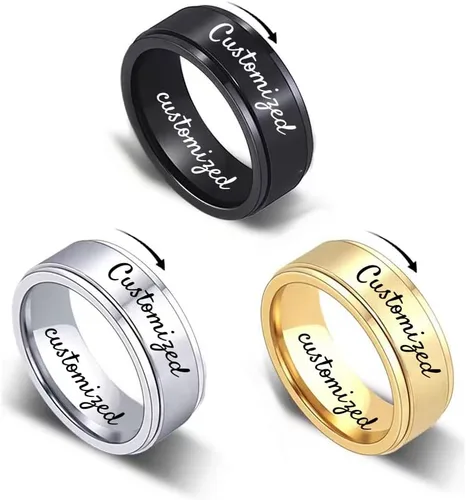 Vista 6 de YUOTO Anillos giratorios personalizados para hombres con texto personalizado. Anillo giratorio personalizado y grabado para mujeres. Anillos