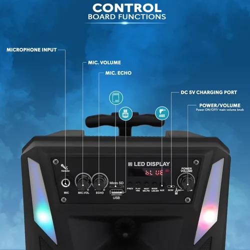 Vista 2 de Pyle Altavoz PA Bluetooth portátil – Sistema de audio de karaoke BT recargable de 300 W 8 pulgadas para exteriores – Luces de fiesta multicolor