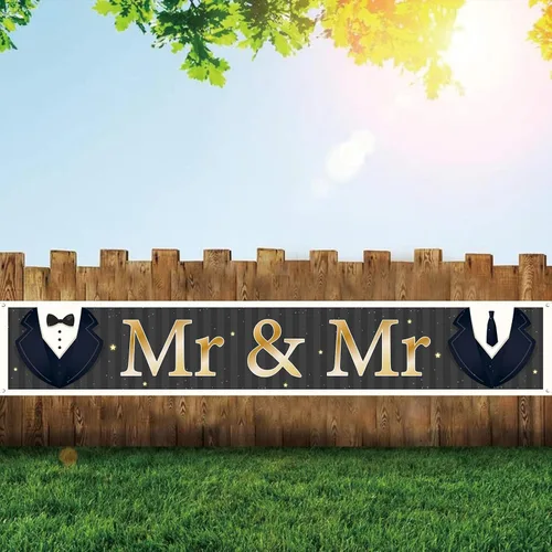 Vista 5 de INNORU Cartel grande con texto en inglés "Mr & Sr", letrero de fondo para fiesta de boda gay, cartel de jardín para hombre, despedida de soltera