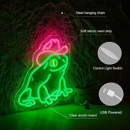 Vista 4 de Señal de neón de sombrero de vaquero, luz LED, decoración de pared, regulable, alimentada por USB, letreros de neón de vaquero (verde + rosa)