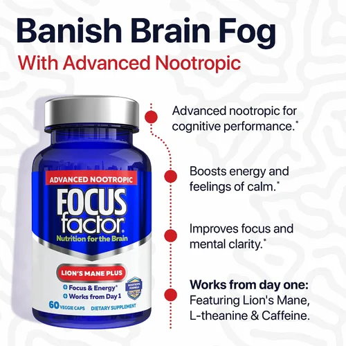 Vista 4 de Focus Factor Lions Mane Plus, nootrópico avanzado con L-teanina, cafeína, enfoque y energía (60 unidades)