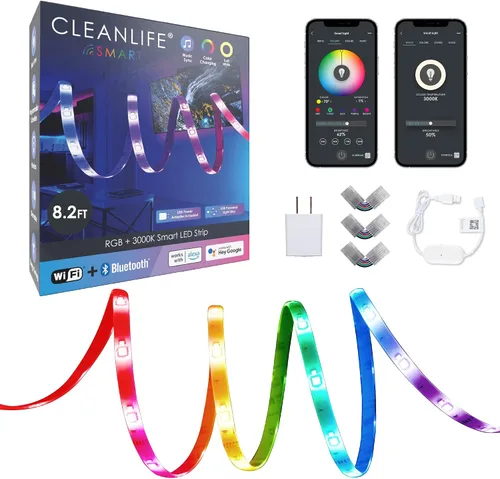 Vista 6 de CLEANLIFE Tira de luz LED USB inteligente de 6.6 pies, RGB/3000K, WiFi y BLE