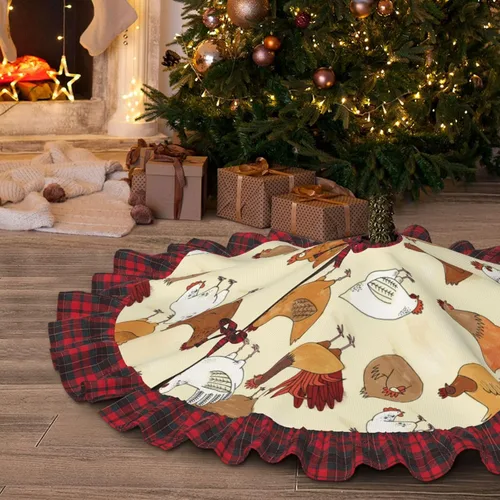 Vista 6 de A Brood of Chickens - Falda de árbol de Navidad de 30 pulgadas con borde de cuadros búfalo rojos y negros, decoración para Feliz Navidad, casa
