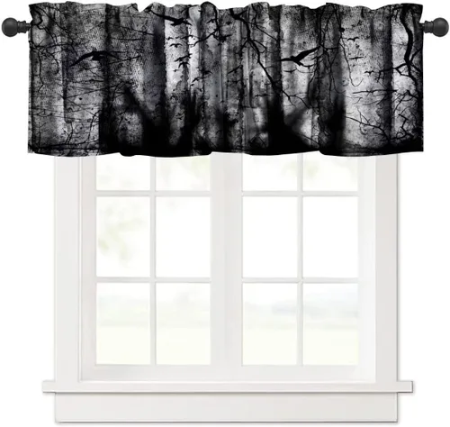 Vista 26 de Cortina de cenefa para fiesta de Halloween, diseño de dibujos animados, lindo fantasma, castillo sombrío, calabaza, murciélago, bolsillo para barra
