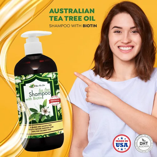 Vista 3 de Champú de aceite de árbol de té con biotina (16.9 onzas líquidas) Fórmula profesional para caspa, picazón y cuero cabelludo seco Hidratante