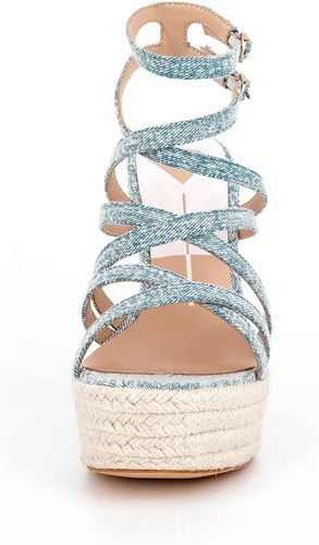 Vista 6 de WENOREG Sandalias de tacón alto con diamantes de imitación para mujer, con hebilla doble ajustable, correa cruzada de moda de verano, puntera