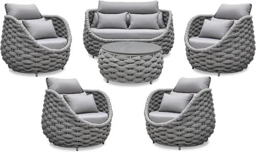 Vista 25 de Juego de muebles de patio de aluminio de 3 piezas: cuerda tejida a mano para conversación al aire libre, juego de 2 cojines modernos montados, juego
