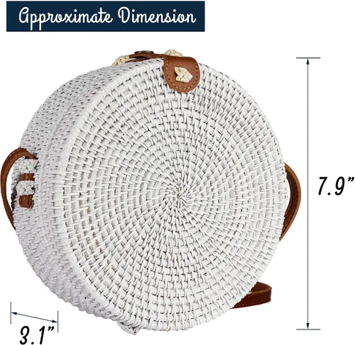 Vista 3 de Natural Neo - Bolsa tejida a mano de mimbre redonda y elegante con correas de cuero natural