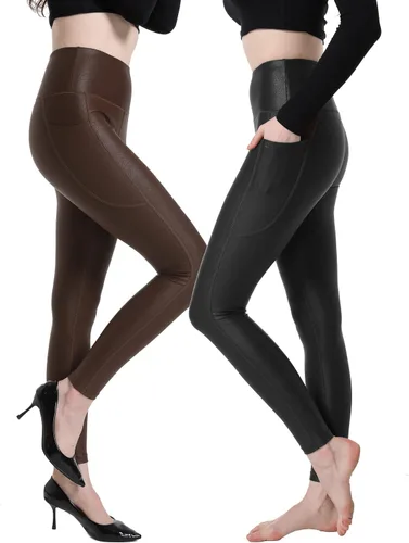 Vista 3 de HARTPOR Leggings de piel sintética para mujer, leggings de piel sintética con revestimiento de piel, elásticos, de cintura alta, pantalones de yoga