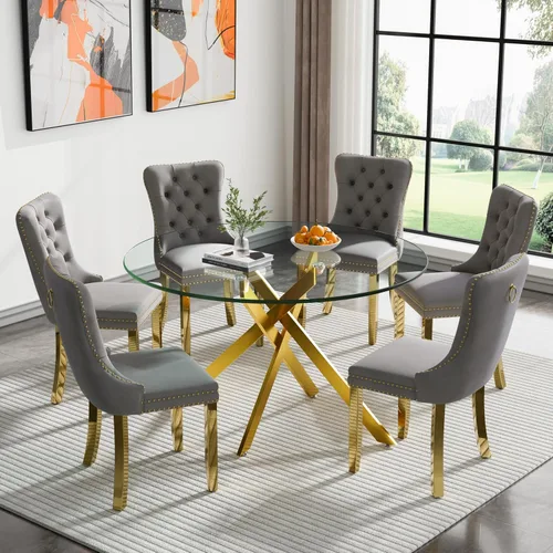 Vista 111 de Juego de mesa de comedor de cristal plateado moderno de 47 pulgadas para 2, juego de mesa de comedor de cocina redonda de 3 piezas con patas