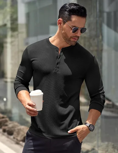 Vista 65 de COOFANDY Camisas Henley de manga larga para hombre, camisetas elásticas acanaladas, camisetas básicas casuales de moda