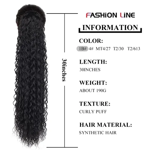Vista 3 de Cola de caballo larga y rizada con cordón de 30 pulgadas, extensiones de cola de caballo sintéticas con clip, color negro para mujer, afro rizado