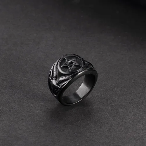 Vista 5 de Anillo de calavera para hombre, acero inoxidable, pentagrama, Wicca, gótico, bautismo, talla 7-13