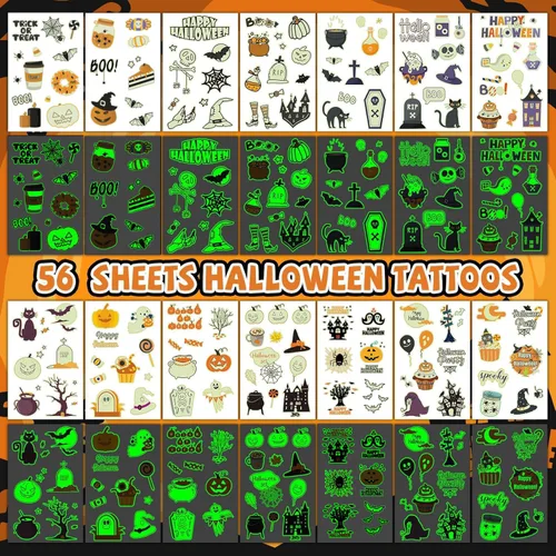 Vista 5 de EMOME Más de 500 estilos de tatuajes de Halloween brillantes para niños a granel, lindos tatuajes temporales para niños, golosinas de Halloween