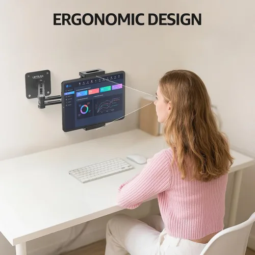 Vista 6 de Urmust Soporte de pared para tableta para iPad, rotación de 360°, soporte ajustable para tablet con brazo extensible de aluminio, para iPad