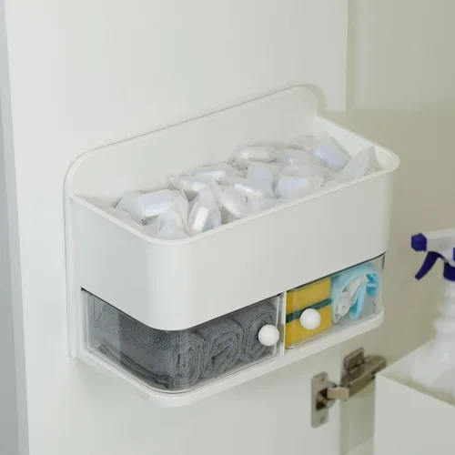 Vista 9 de Organizador de pared para baño, organizador de ducha de plástico 2 en 1 y soporte para Qtip, estante de almacenamiento adhesivo grande con cajón