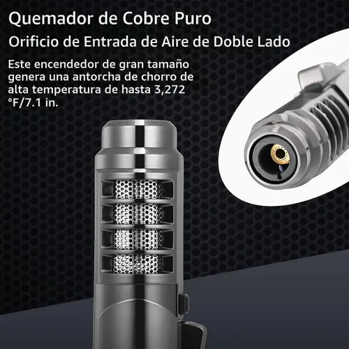 Vista 2 de Encendedor de antorcha de chorro de 3,272.0 °F, recargable de butano, resistente al viento, intensidad de llama ajustable con bloqueo de llama